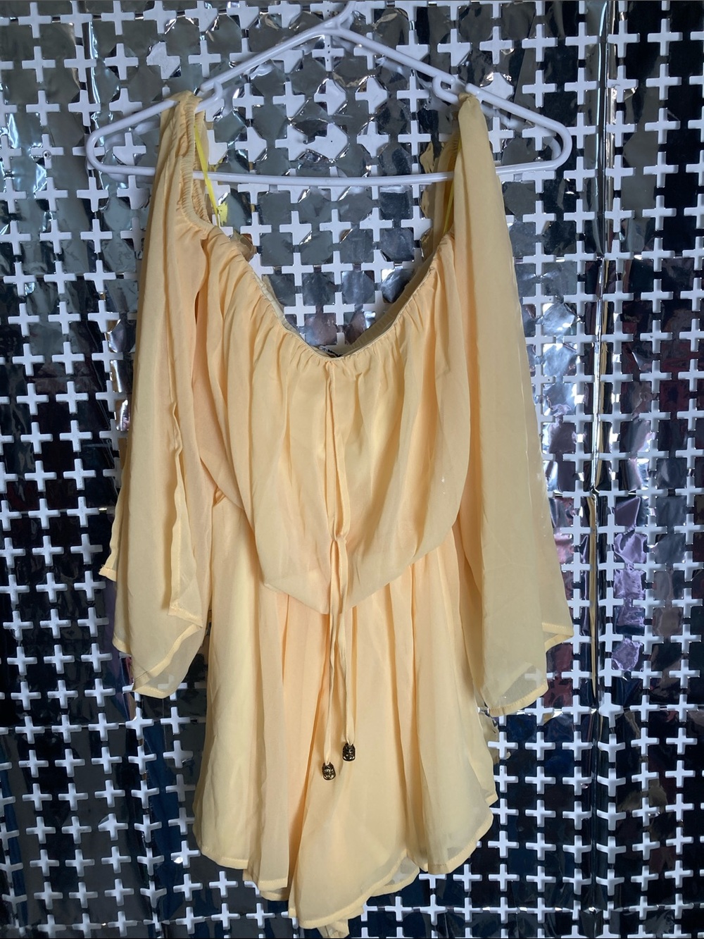 Fashion Nova Pale Yellow Chiffon Off-Shoulder Romper